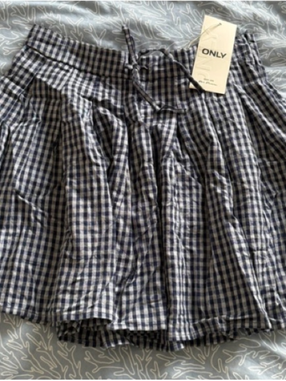 ONLY Navy and White Gingham Pleated Mini Skirt with Drawstring Waist